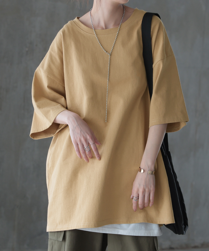 Tシャツ 綿100％ ロング レディース カットソー ティーシャツ チュニック 半袖 トップス 長い Uネック 二の腕カバー ルーズ お尻が隠れる | HUG.U | 02