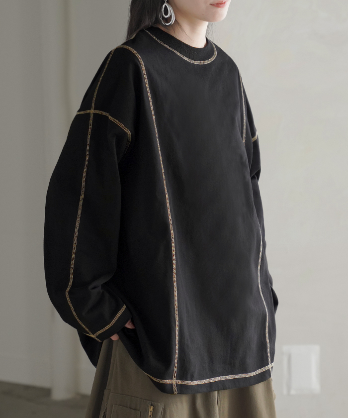 カットソー T レディース ティーシャツ 無地 長袖 Tシャツ ロング チュニック 綿100 ルーズ ビッグ | HUG.U | 06