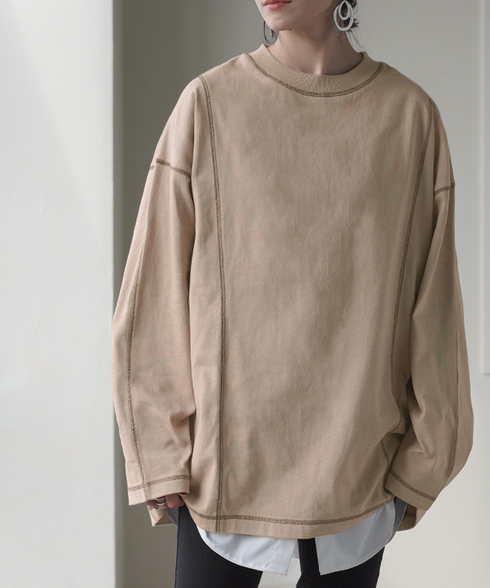 カットソー T レディース ティーシャツ 無地 長袖 Tシャツ ロング チュニック 綿100 ルーズ ビッグ | HUG.U | 04