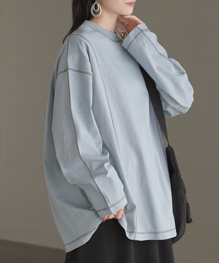 カットソー T レディース ティーシャツ 無地 長袖 Tシャツ ロング チュニック 綿100 ルーズ ビッグ | HUG.U | 05