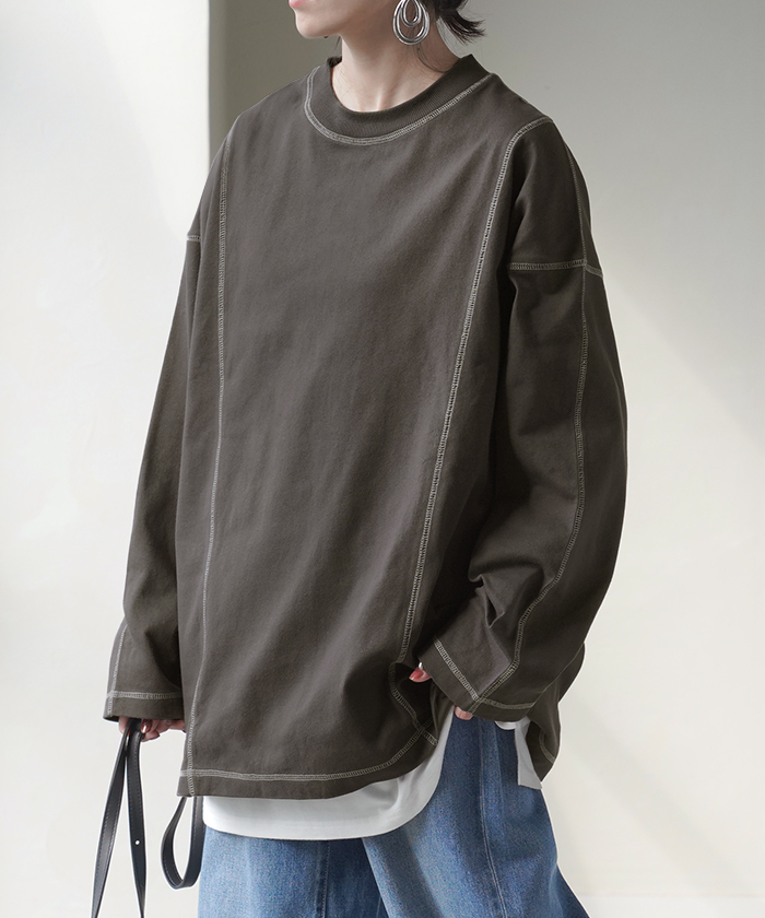 カットソー T レディース ティーシャツ 無地 長袖 Tシャツ ロング チュニック 綿100 ルーズ ビッグ | HUG.U | 02