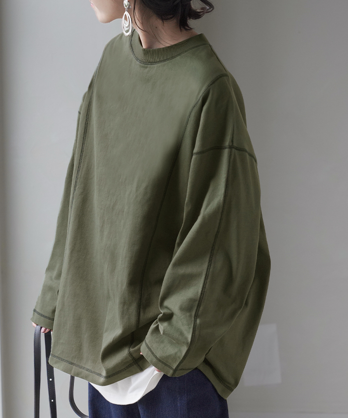 カットソー T レディース ティーシャツ 無地 長袖 Tシャツ ロング チュニック 綿100 ルーズ ビッグ | HUG.U | 03