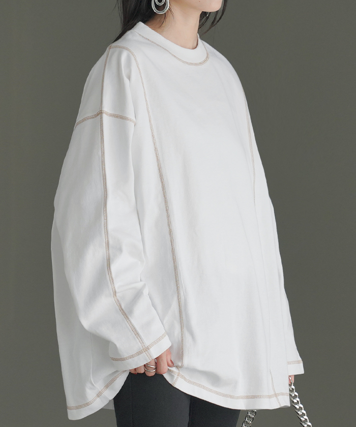 カットソー T レディース ティーシャツ 無地 長袖 Tシャツ ロング チュニック 綿100 ルーズ ビッグ | HUG.U | 01