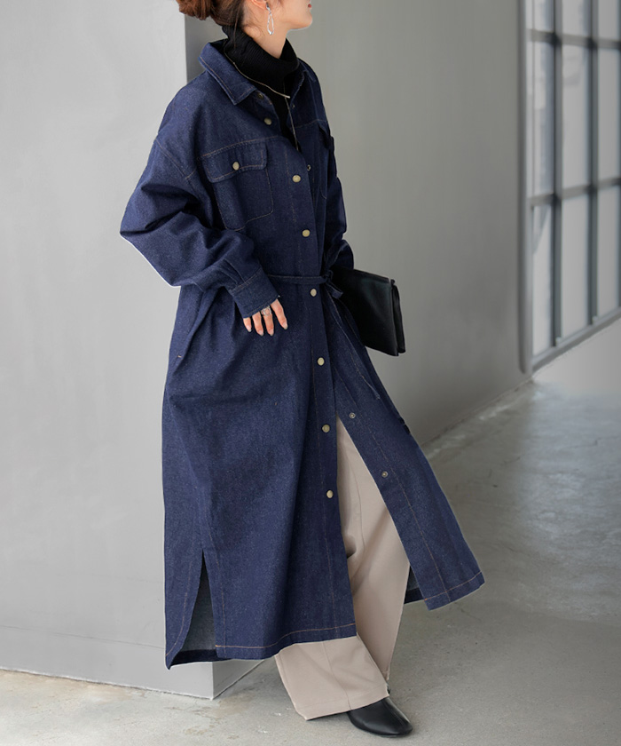 美品ビューティ＆ユース　デニムロングシャツワンピース　バンドカラー　デニムシャツ Lee（リー）の「バンドカラー デニム ロングシャツワンピース