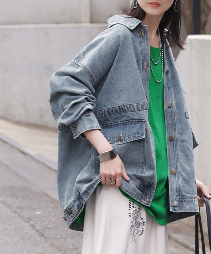 ジャケット デニムジャケット Gジャン ポケット レディース デニム アウター ジャンパー ビッグシルエット 羽織 オーバーサイズ ゆったり ドロップショルダー | HUG.U | 01