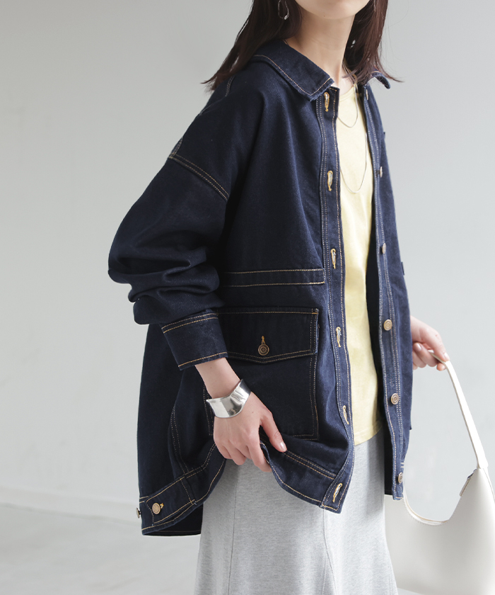 ジャケット デニムジャケット Gジャン ポケット レディース デニム アウター ジャンパー ビッグシルエット 羽織 オーバーサイズ ゆったり ドロップショルダー | HUG.U | 02