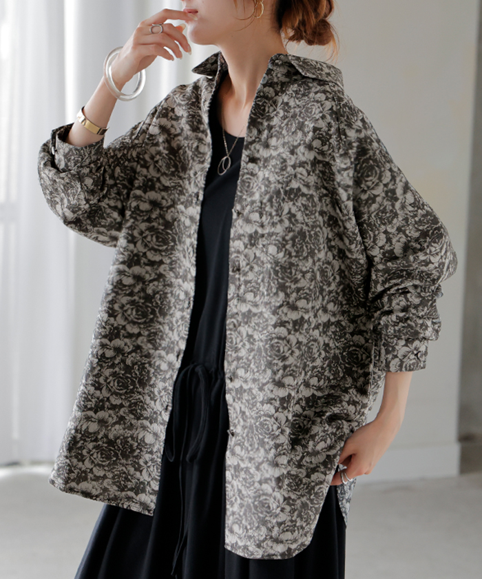 シャツ 別売り セットアップ可 ジャガード ジャケット ロング ロングシャツ レディース チュニック ブラウス トップス 長袖 総柄 花柄 柄シャツ HUG.U シャツ 別売り セットアップ可 ジャガード ジャケット