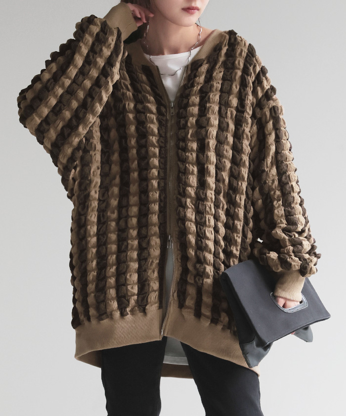 アウター カーデ ポップコーン ストライプ ぽこぽこ レディース シアー 薄手 カーディガン トップス ポコポコ 凹凸 ボーダー ブルゾン | HUG.U | 02