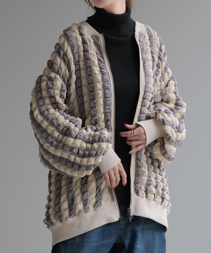 アウター カーデ ポップコーン ストライプ ぽこぽこ レディース シアー 薄手 カーディガン トップス ポコポコ 凹凸 ボーダー ブルゾン | HUG.U | 01