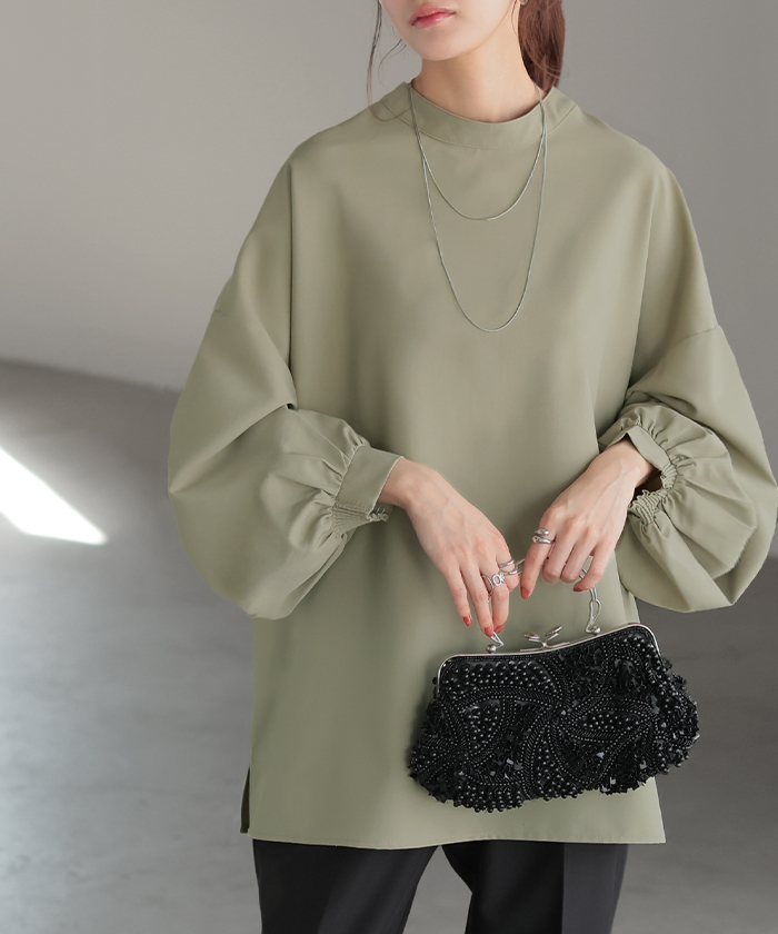 シャツ ブラウス ロング レディース トップス アウター ボリュームスリーブ ノーカラー スタンドネック | HUG.U | 04