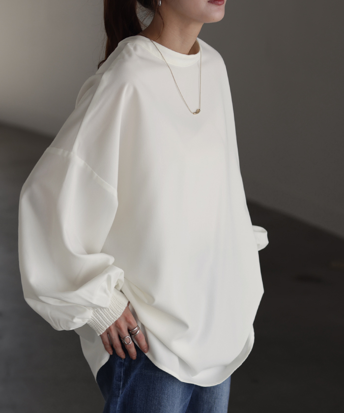 シャツ ブラウス ロング レディース トップス アウター ボリュームスリーブ ノーカラー スタンドネック | HUG.U | 01