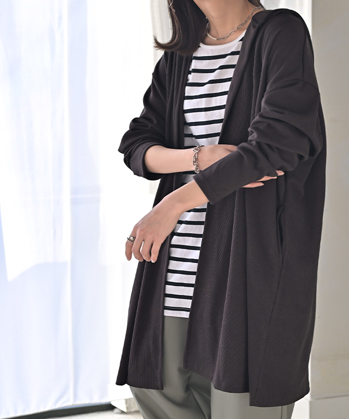 カーディガン ロング 変形 レディース アウター 長袖 フード ドルマン 無地 お尻が隠れる ニット 羽織 | HUG.U | 03