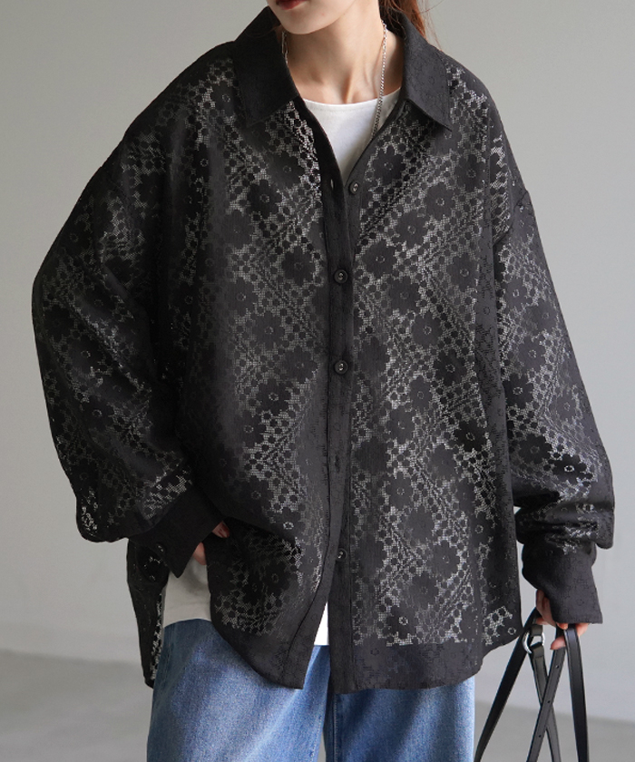 HUG.U シャツ レディース レース シアー チュニック トップス 柄
