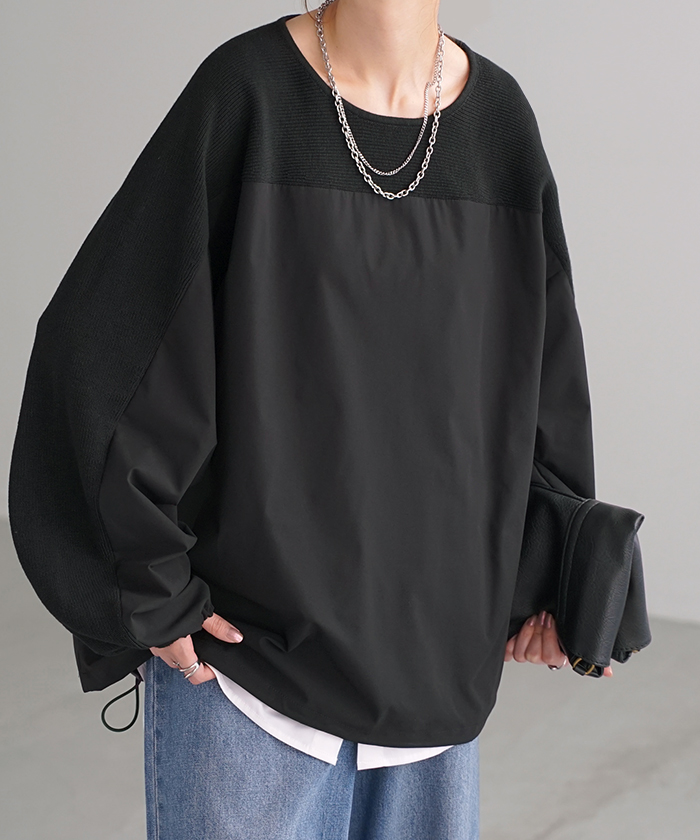 トップス 異素材 ニット スウェット トレーナー レディース ドッキング プルオーバー セーター モックネック | HUG.U | 04