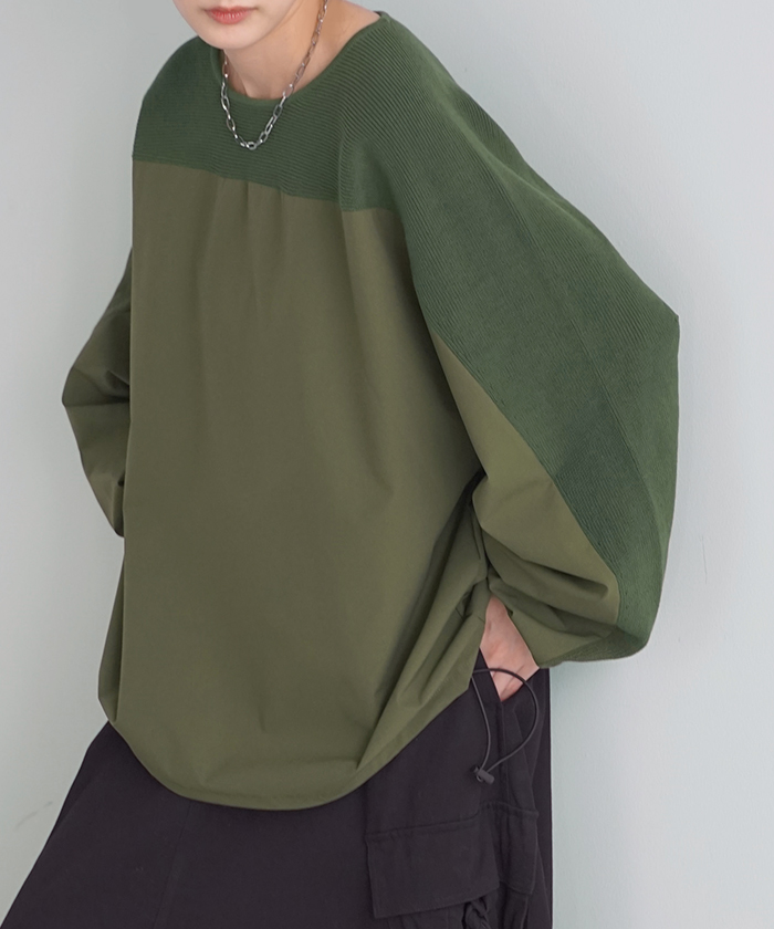トップス 異素材 ニット スウェット トレーナー レディース ドッキング プルオーバー セーター モックネック | HUG.U | 03