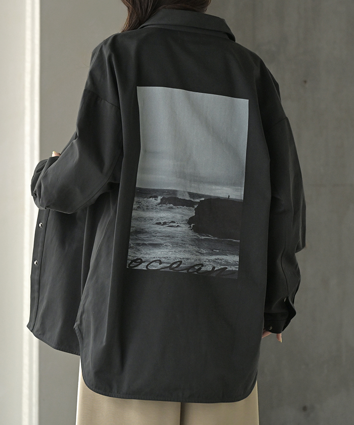 ジャケット バック プリント レディース アウター 綿100％ ロング 襟 無地 長袖 羽織 ライトアウター ミリタリージャケット | HUG.U | 02