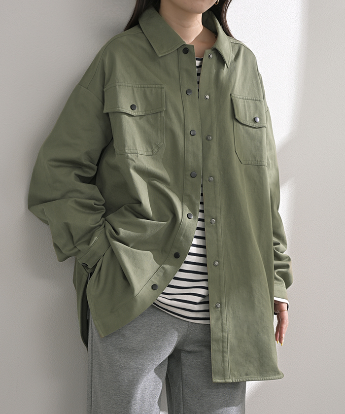 ジャケット バック プリント レディース アウター 綿100％ ロング 襟 無地 長袖 羽織 ライトアウター ミリタリージャケット | HUG.U | 01