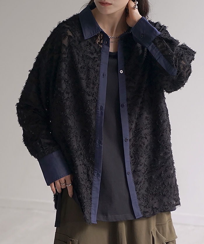 HUG.U シャツ ジャガード シアー ロング ロングシャツ