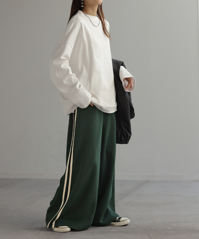 トップス ロンT Tシャツ 綿100％ ロング レディース カットソー 長袖 チュニック 無地 リブ ドロップショルダー お尻が隠れる 切り替えデザイン | HUG.U | 01