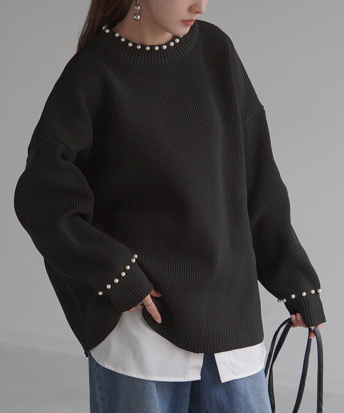 ニット パール ロング レディース トップス チュニック ドルマン リブ スポンジニット ストレッチ 無地 ロングニット | HUG.U | 03