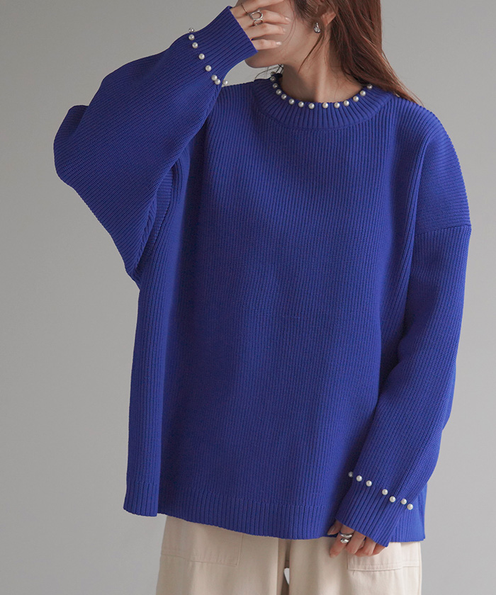 ニット パール ロング レディース トップス チュニック ドルマン リブ スポンジニット ストレッチ 無地 ロングニット | HUG.U | 02