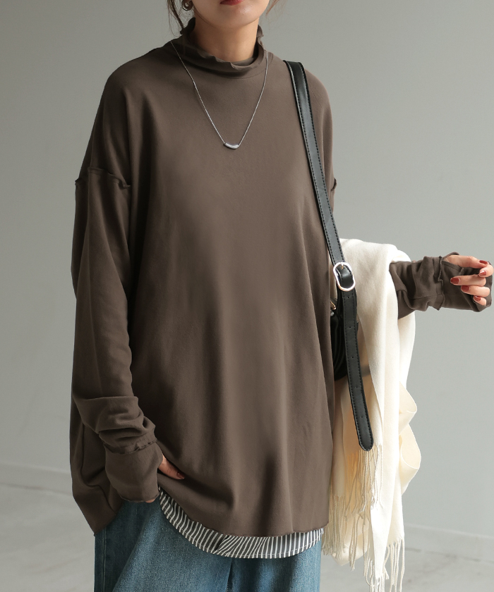 トップス 吸湿 発熱 レディース 微起毛 インナー メロー 無地 長袖 ロング ロンT ドルマン お尻が隠れる 指穴 ストレッチ チクチクしない ドロップショルダー | HUG.U | 02