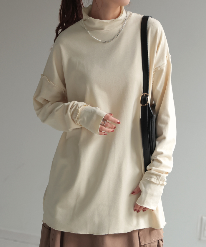 トップス 吸湿 発熱 レディース 微起毛 インナー メロー 無地 長袖 ロング ロンT ドルマン お尻が隠れる 指穴 ストレッチ チクチクしない ドロップショルダー | HUG.U | 01