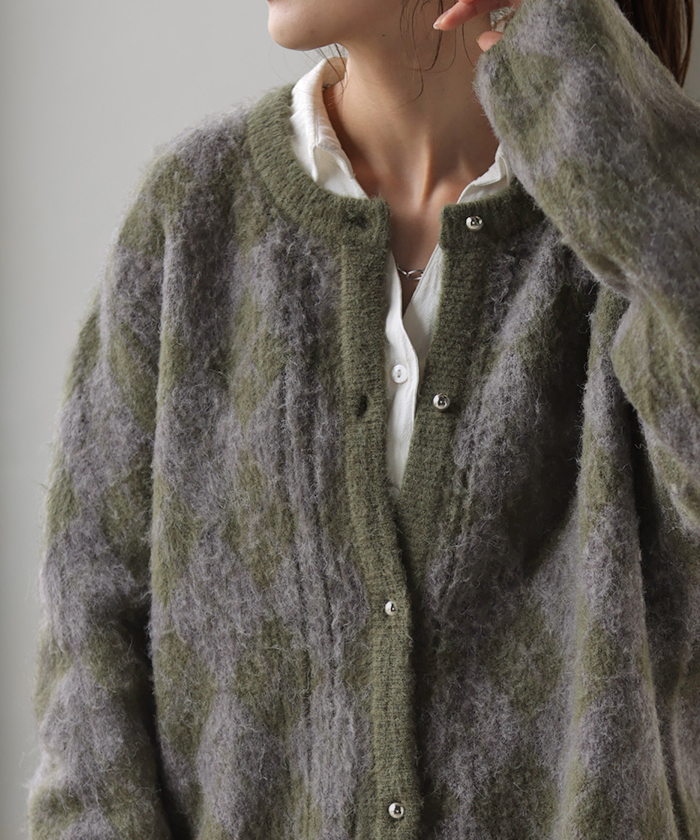 カーディガン チェック シャギー ニット ニット カーディガン アーガイル 体型カバー レディース セーター トップス ニットカーディガン 厚い カーデ | HUG.U | 04