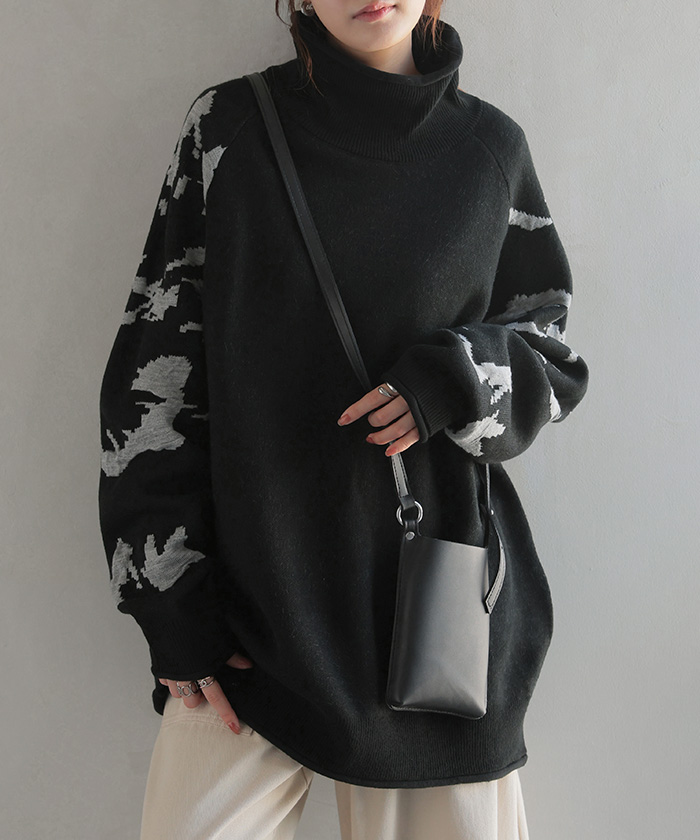 ニット ジャガード 花柄 レディース トップス セーター ロング ロングニット リブ お尻が隠れる 無地 長袖 タートルネック ドルマンスリーブ オーバー | HUG.U | 03