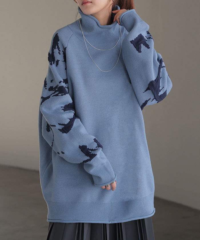 ニット ジャガード 花柄 レディース トップス セーター ロング ロングニット リブ お尻が隠れる 無地 長袖 タートルネック ドルマンスリーブ オーバー | HUG.U | 02