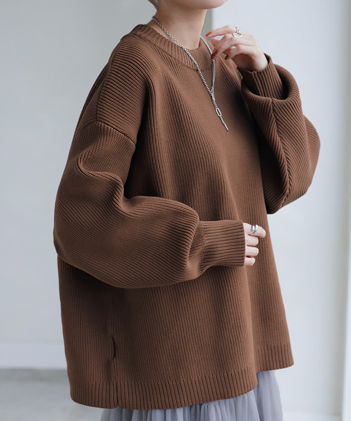 ニット チクチクしない レディース トップス スポンジニット セーター オーバー 配色 ライン プルオーバー ロング 長袖 長い ボリュームスリーブ クルーネック | HUG.U | 06