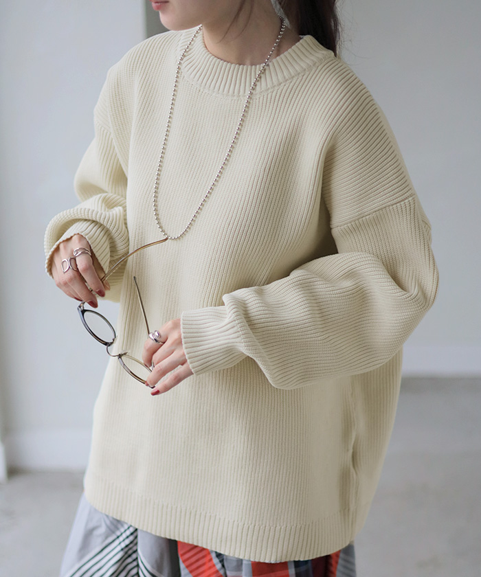 ニット チクチクしない レディース トップス スポンジニット セーター オーバー 配色 ライン プルオーバー ロング 長袖 長い ボリュームスリーブ クルーネック | HUG.U | 05