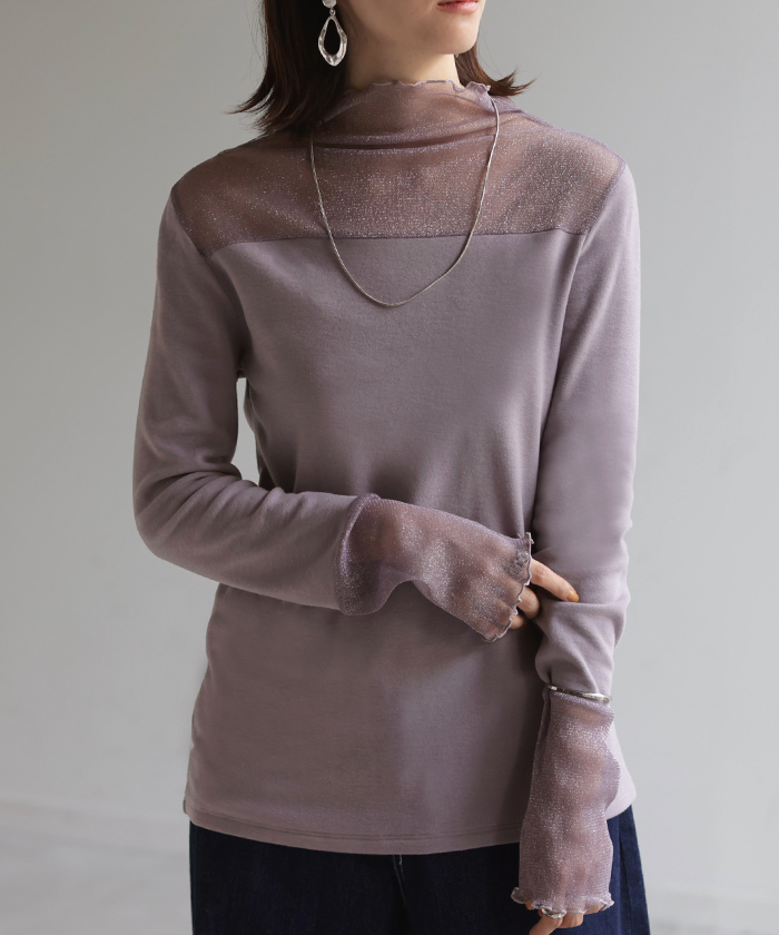 トップス 発熱 シアー インナー レディース 長袖 無地 吸湿発熱 静電気 防止 軽量 透け ハイネック あったか  HEATVEIL | HUG.U | 03