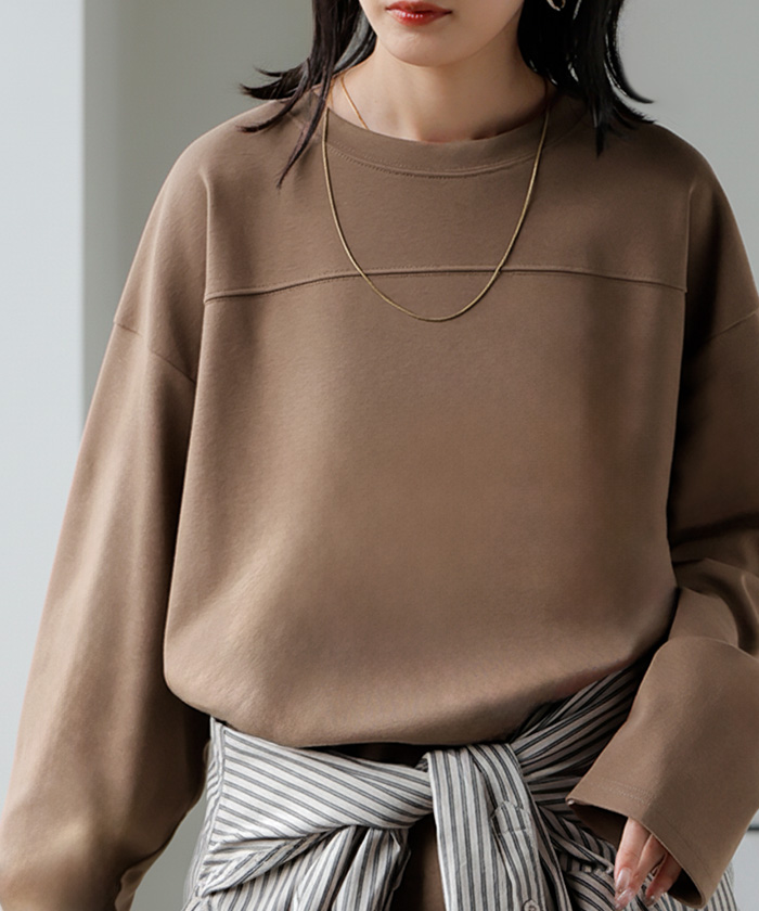 カットソー ロンT ポンチ 防汚 レディース トップス ロング 長袖 Tシャツ ティーシャツ フットボールT チュニック クルーネック コットンポンチ | HUG.U | 04