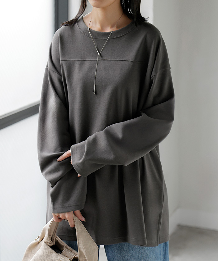 カットソー ロンT ポンチ 防汚 レディース トップス ロング 長袖 Tシャツ ティーシャツ フットボールT チュニック クルーネック コットンポンチ | HUG.U | 07