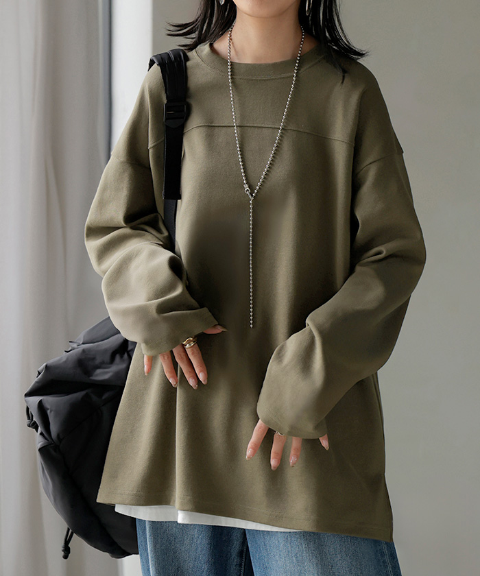 カットソー ロンT ポンチ 防汚 レディース トップス ロング 長袖 Tシャツ ティーシャツ フットボールT チュニック クルーネック コットンポンチ | HUG.U | 05