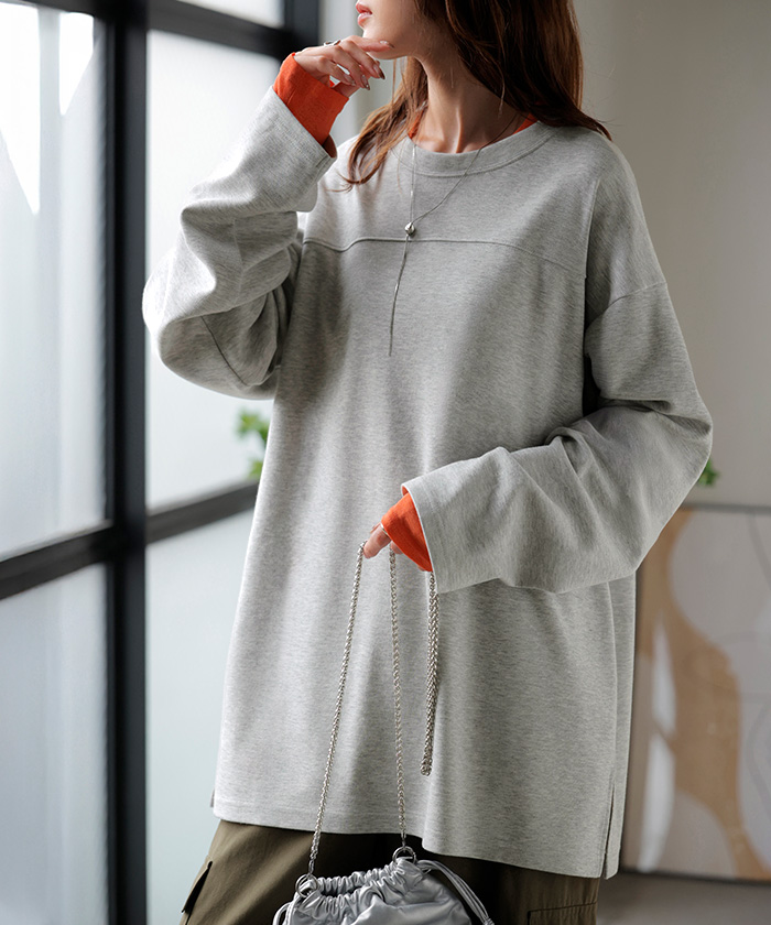 カットソー ロンT ポンチ 防汚 レディース トップス ロング 長袖 Tシャツ ティーシャツ フットボールT チュニック クルーネック コットンポンチ | HUG.U | 02