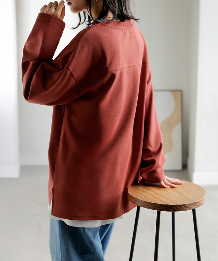 カットソー ロンT ポンチ 防汚 レディース トップス ロング 長袖 Tシャツ ティーシャツ フットボールT チュニック クルーネック コットンポンチ | HUG.U | 03