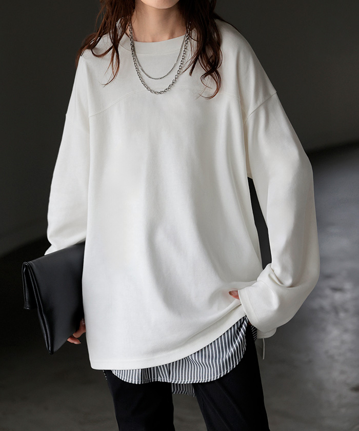 カットソー ロンT ポンチ 防汚 レディース トップス ロング 長袖 Tシャツ ティーシャツ フットボールT チュニック クルーネック コットンポンチ | HUG.U | 01