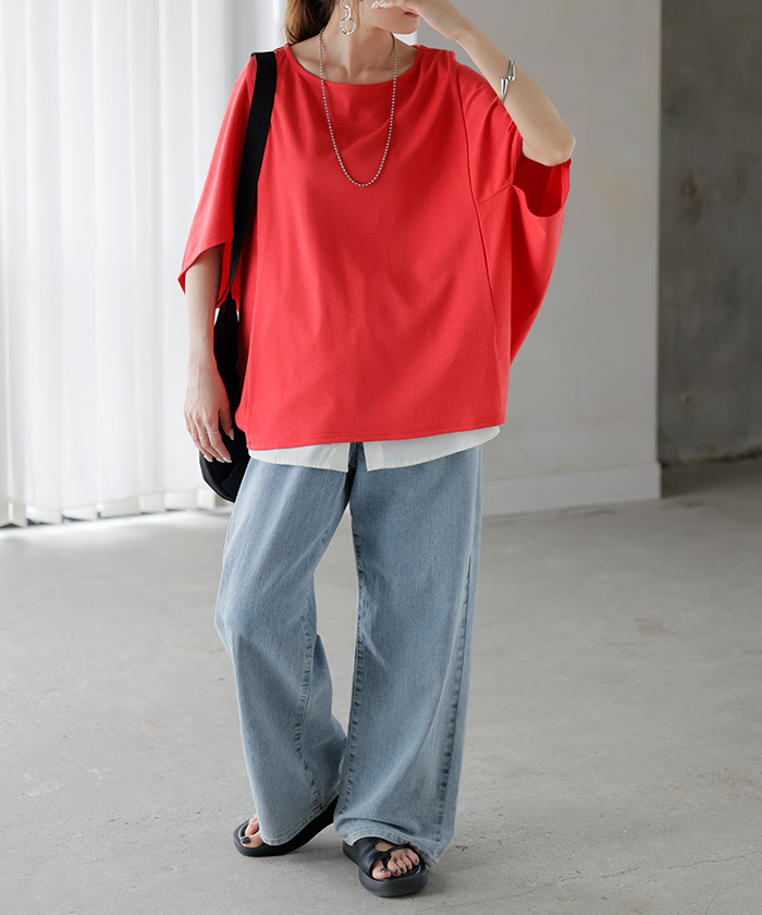 トップス レディース 接触冷感 シルク 風 トップス 半袖 カットソー ロング ティーシャツ シワになりにくい | HUG.U | 02