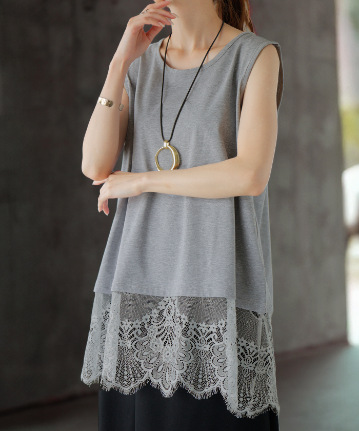 タンクトップ レイヤード レース インナー トップス タンク 綿 混 レディース ノースリーブ 花柄 ロング Uネック チュニック 長い 重ね 付け裾 ボックス 裾 | HUG.U | 03