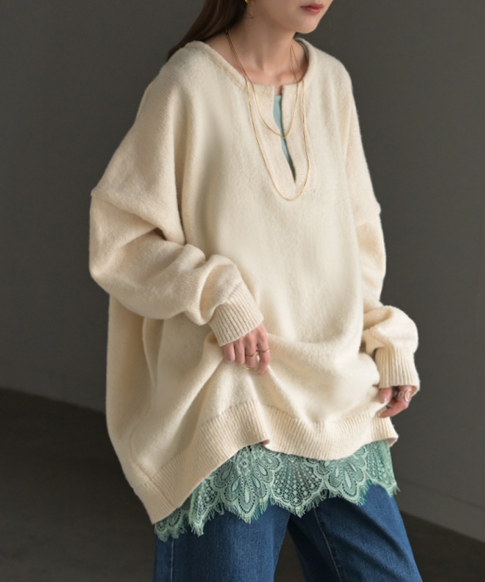 タンクトップ レイヤード レース インナー トップス タンク 綿 混 レディース ノースリーブ 花柄 ロング Uネック チュニック 長い 重ね 付け裾 ボックス 裾 | HUG.U | 04