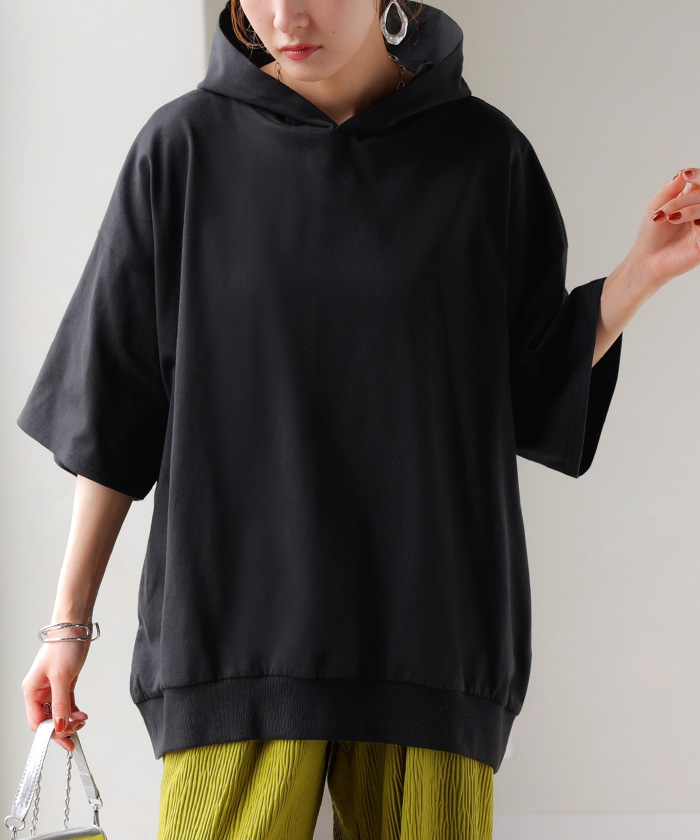 パーカー 半袖 UVカット 接触 冷感 Tシャツ レディース トップス カットソー ロング ティーシャツ チュニック | HUG.U | 06