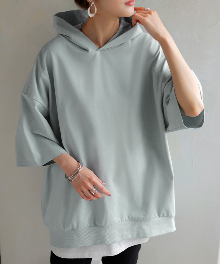パーカー 半袖 UVカット 接触 冷感 Tシャツ レディース トップス カットソー ロング ティーシャツ チュニック | HUG.U | 02