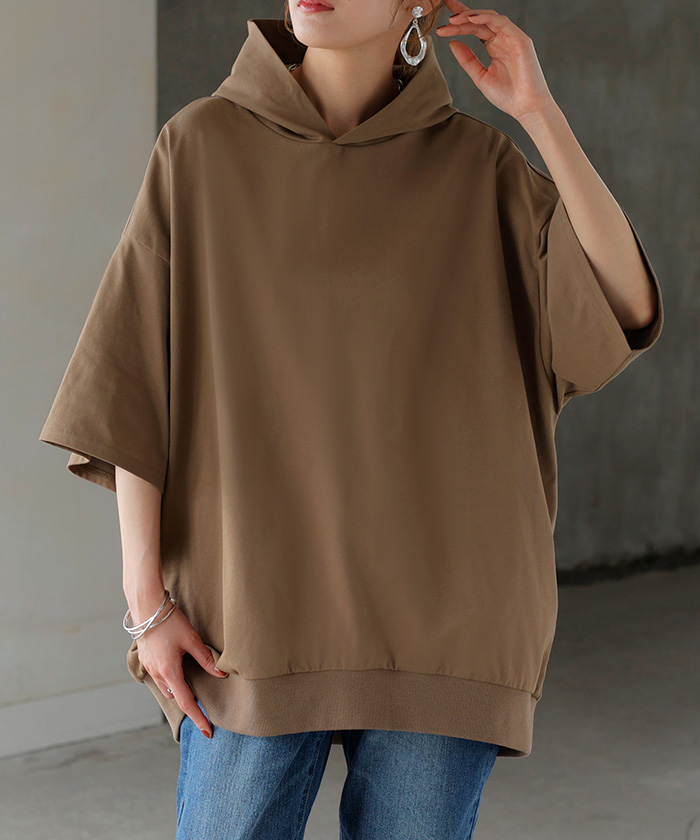パーカー 半袖 UVカット 接触 冷感 Tシャツ レディース トップス カットソー ロング ティーシャツ チュニック | HUG.U | 03
