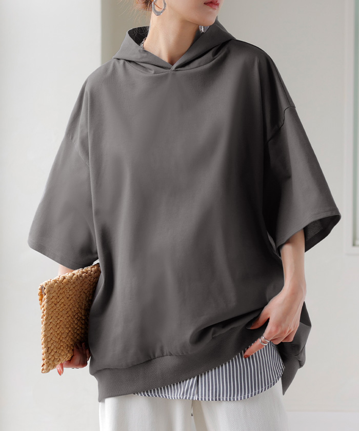 パーカー 半袖 UVカット 接触 冷感 Tシャツ レディース トップス カットソー ロング ティーシャツ チュニック | HUG.U | 04