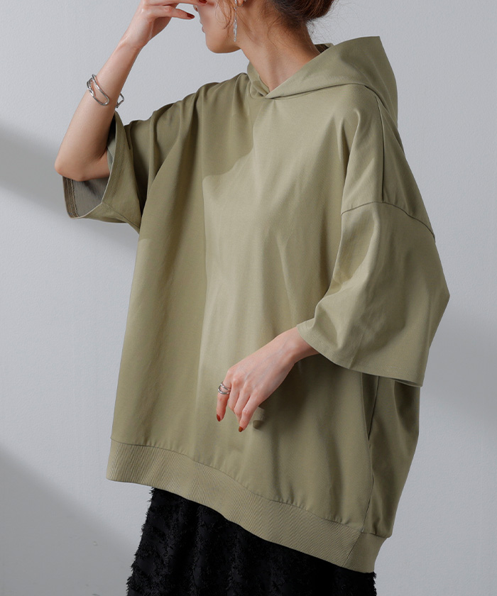 パーカー 半袖 UVカット 接触 冷感 Tシャツ レディース トップス カットソー ロング ティーシャツ チュニック | HUG.U | 05
