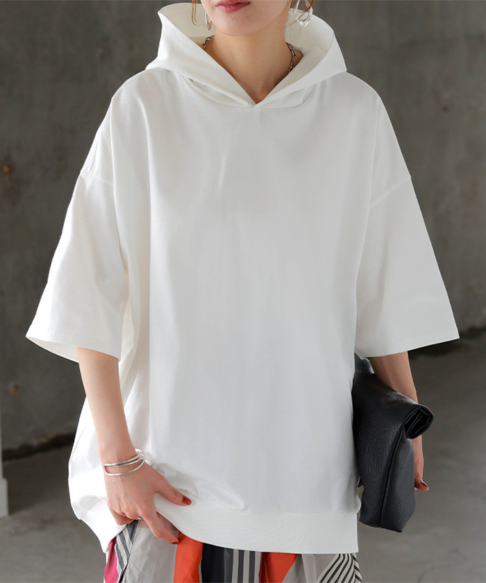 パーカー 半袖 UVカット 接触 冷感 Tシャツ レディース トップス カットソー ロング ティーシャツ チュニック | HUG.U | 01