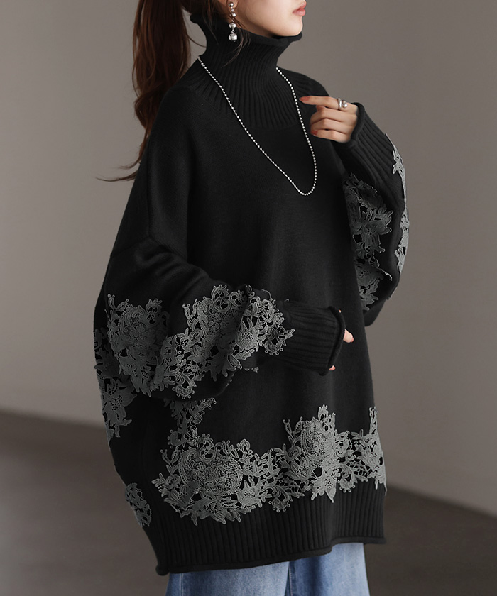 ニット レース タートル レディース トップス ロング 無地 刺繍 長袖 ドルマン チクチクしない ドロップショルダー お尻が隠れる リブ オーバー 花柄 チュニック | HUG.U | 02