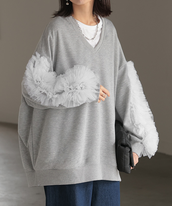 チュール　チュニック HUG.U（ハグユー） トップス チュール 袖 ドッキング プルオーバー